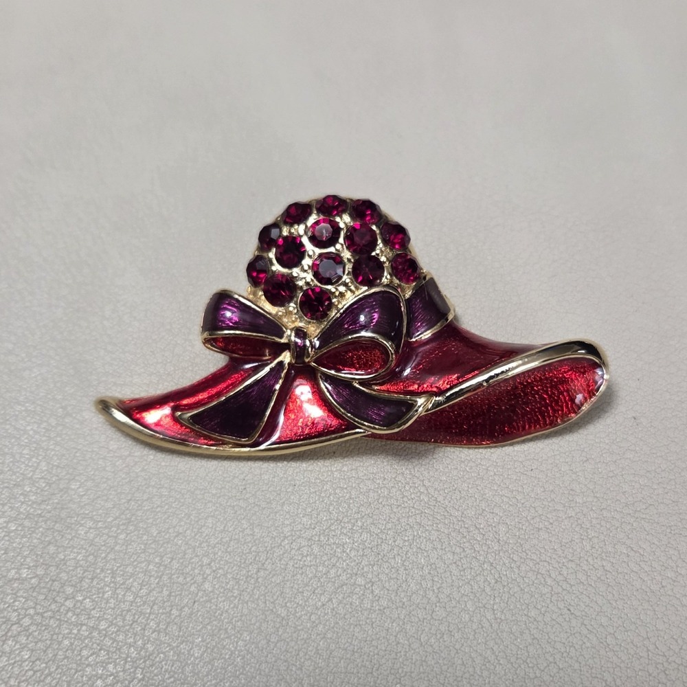 Vintage Unsigned Red & Purple Enamel & Rhinestone Red Hat‎ Society Brooch Pin